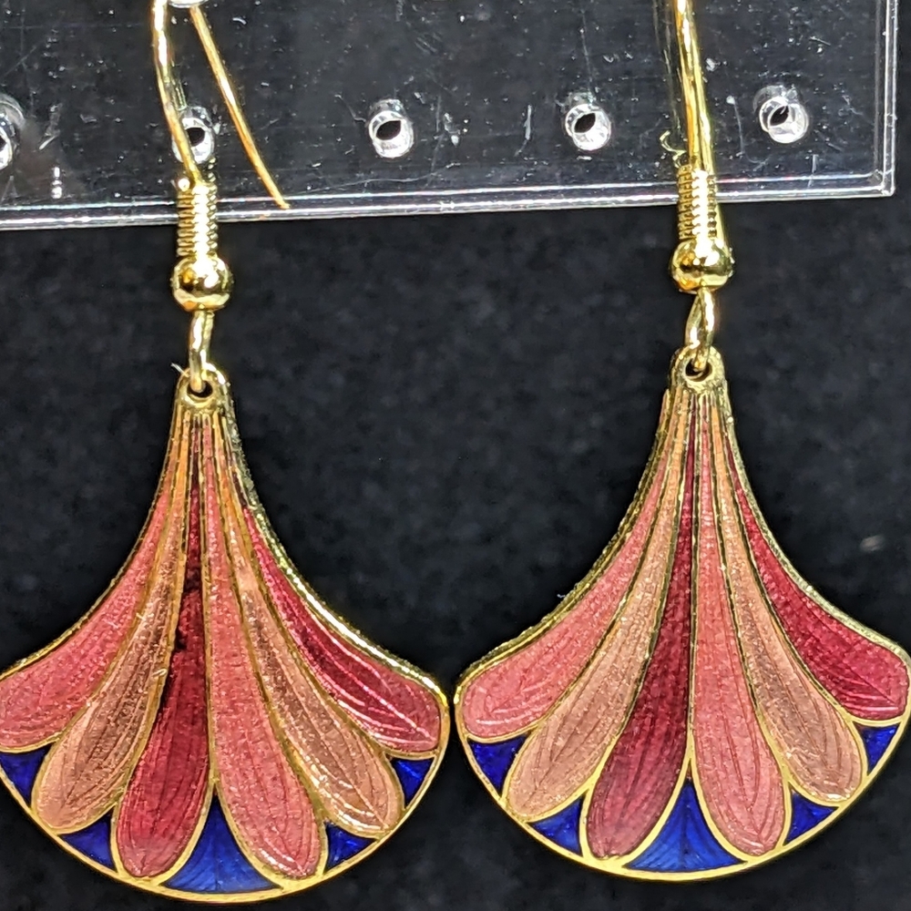 Vintage Cloisonné Palm Fan Earrings, Wirehook Pierced, NOS NWT, W/ Flaw